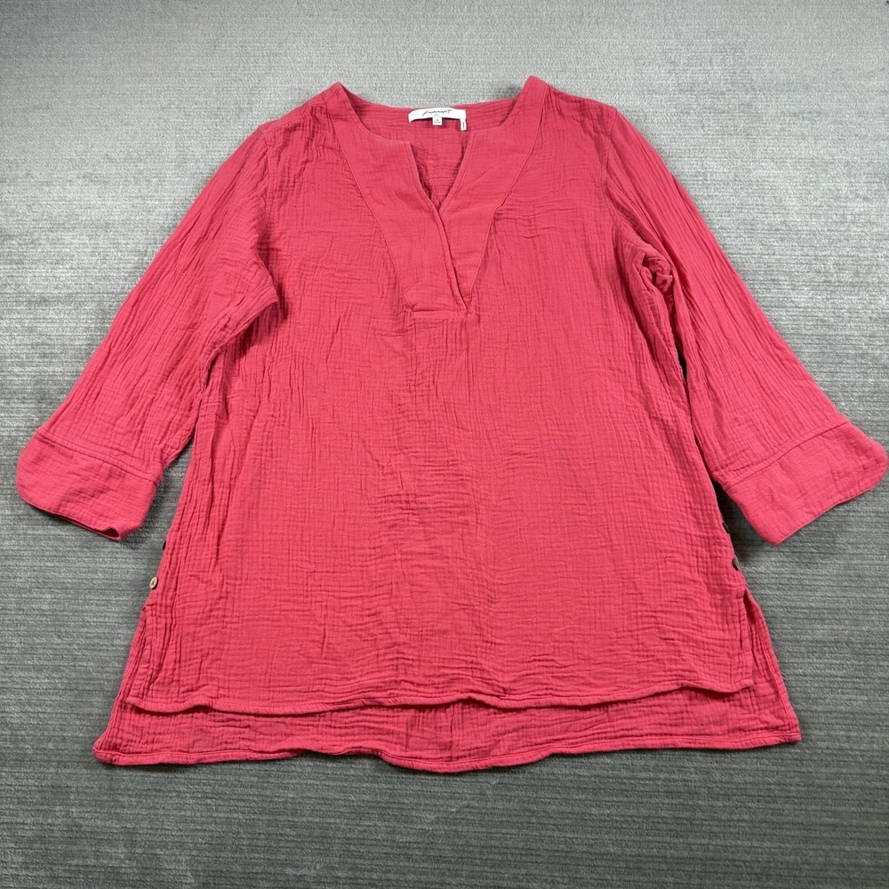 Foxcroft Gauze Top Women 14 Hot Pink Tunic Pockets Coastal Beach Flowy Casual